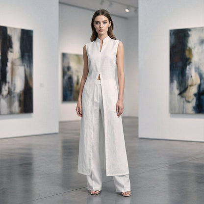 👗Damen 2-teiliges Set: Ärmelloses Oberteil + Weithose mit hohem Schlitz – atmungsaktiv & stilvoll