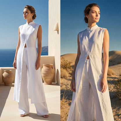 👗Damen 2-teiliges Set: Ärmelloses Oberteil + Weithose mit hohem Schlitz – atmungsaktiv & stilvoll