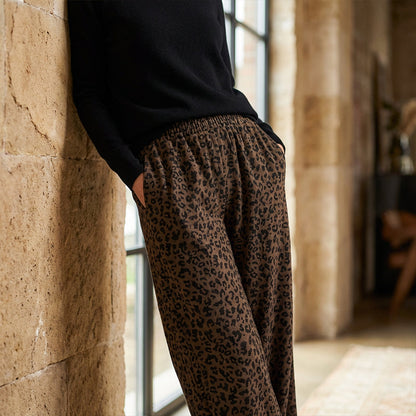 Damen-High-Waist-Leopardprint-Straight-Leg-Hose