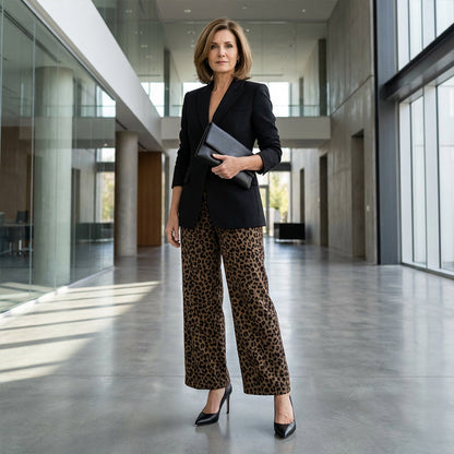 Damen-High-Waist-Leopardprint-Straight-Leg-Hose
