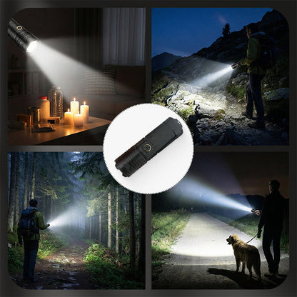 🔦⚡ P50 wiederaufladbare Zoom-Taschenlampe mit LED, 🌿🔋 langlebig & vielseitig für Outdoor, Haus und Notfall – robuste Qualität und stufenlos einstellbarer Strahl.