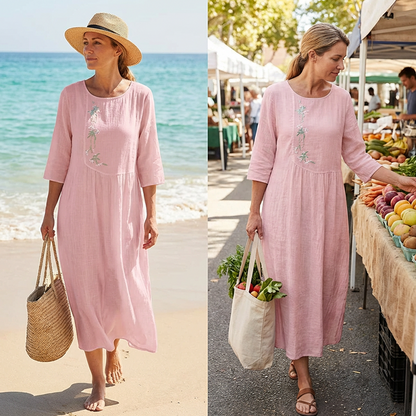 👗 ✨ Lässiges, locker sitzendes Midikleid mit Stickerei – Behaglicher Schnitt, Elegante Details & Hoher Tragekomfort 🌸