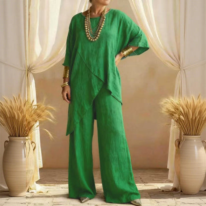 Zweiteiliges Damen-Outfit mit lockerer Passform und asymmetrischem Oberteil