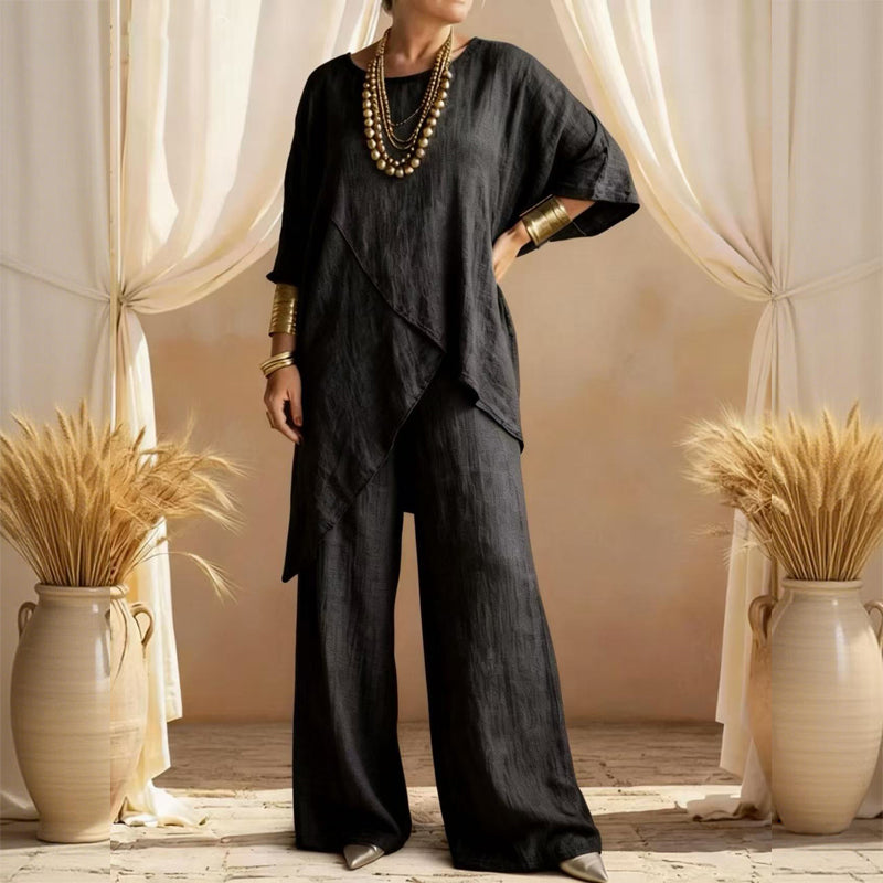 Zweiteiliges Damen-Outfit mit lockerer Passform und asymmetrischem Oberteil