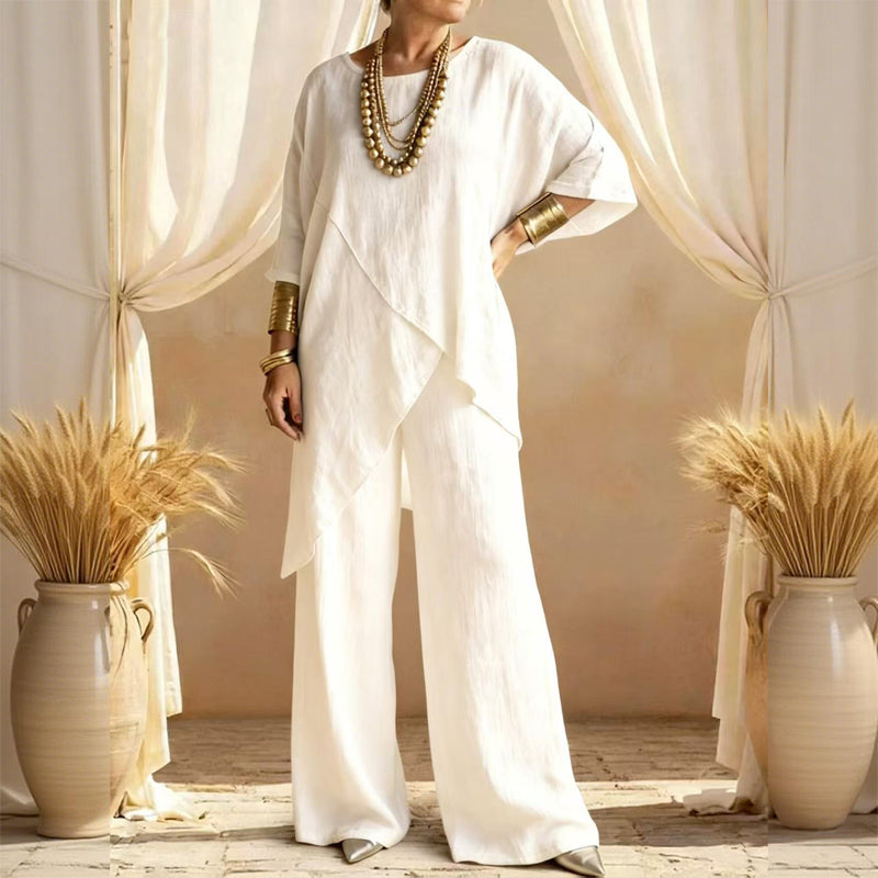 Zweiteiliges Damen-Outfit mit lockerer Passform und asymmetrischem Oberteil