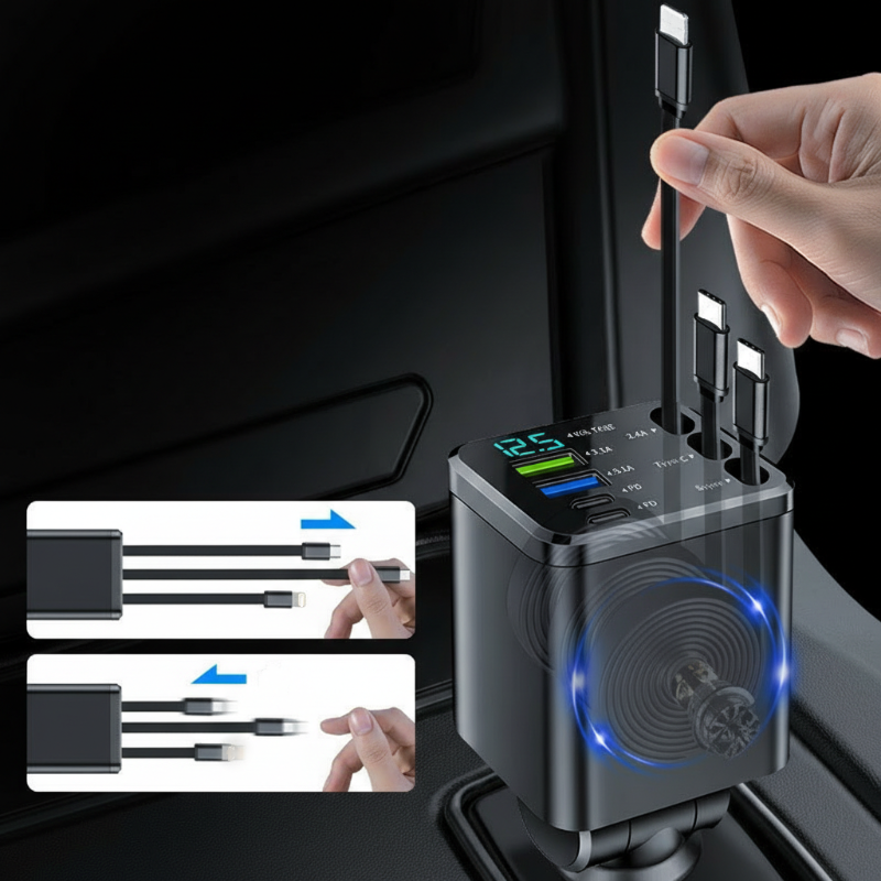 🔋 50% RABATT! 🚗 7-in-1 Einziehbares Schnell-Autoladegerät mit Spannungsanzeige – USB-C, Schnellladung & Perfekt für Den Täglichen Gebrauch 📱