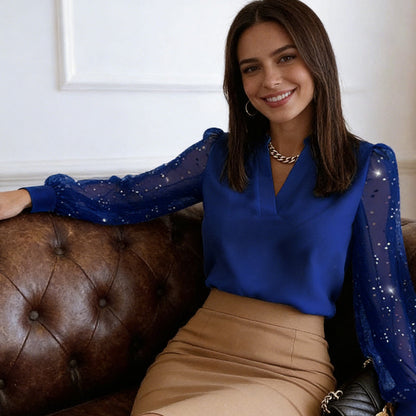 ✨🔥V-Ausschnitt-Oberteil mit transparenten Paillettenärmeln💞