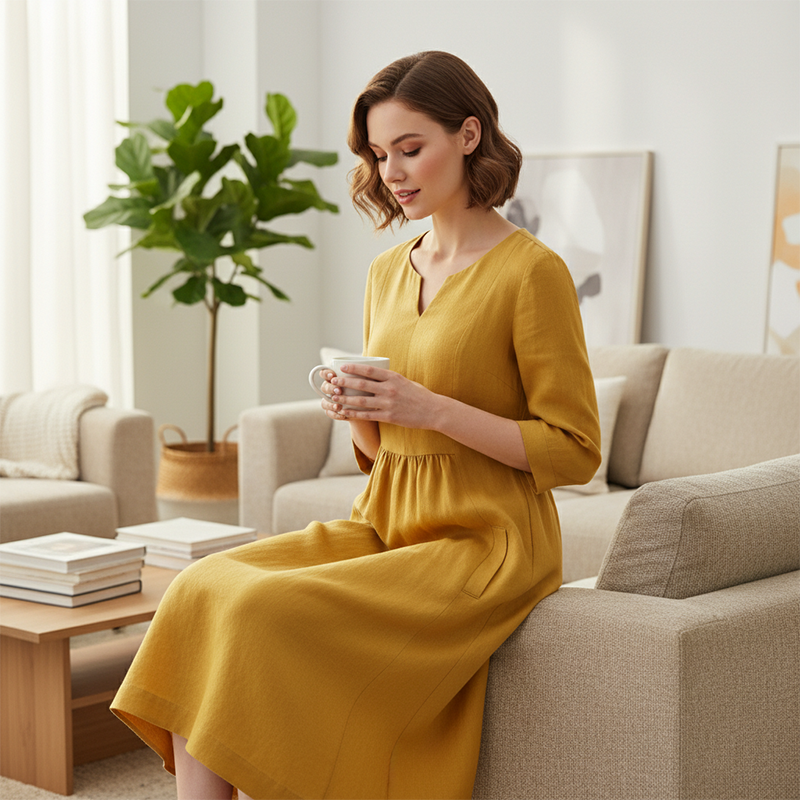 ✨💞Lässiges V-Ausschnitt Kleid aus Baumwolle und Leinen – 3/4-Ärmel, mit seitlichem Reißverschluss 👗