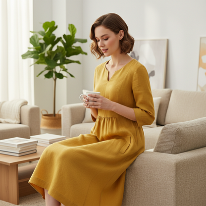 ✨💞Lässiges V-Ausschnitt Kleid aus Baumwolle und Leinen – 3/4-Ärmel, mit seitlichem Reißverschluss 👗