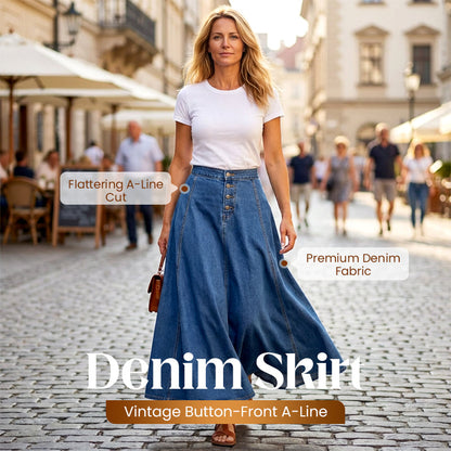 Vintage Button-Front A-Line Denim Skirt