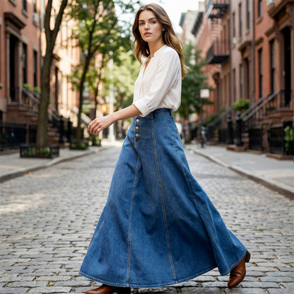 Vintage Button-Front A-Line Denim Skirt