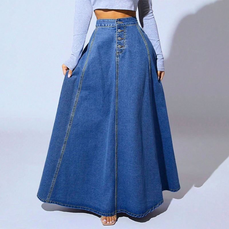 Vintage Button-Front A-Line Denim Skirt