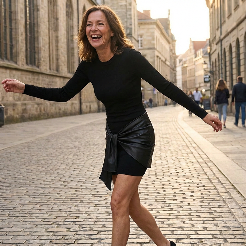 Damen-Langarm-Kleid mit Bindegürtel und figurbetontem Schnitt