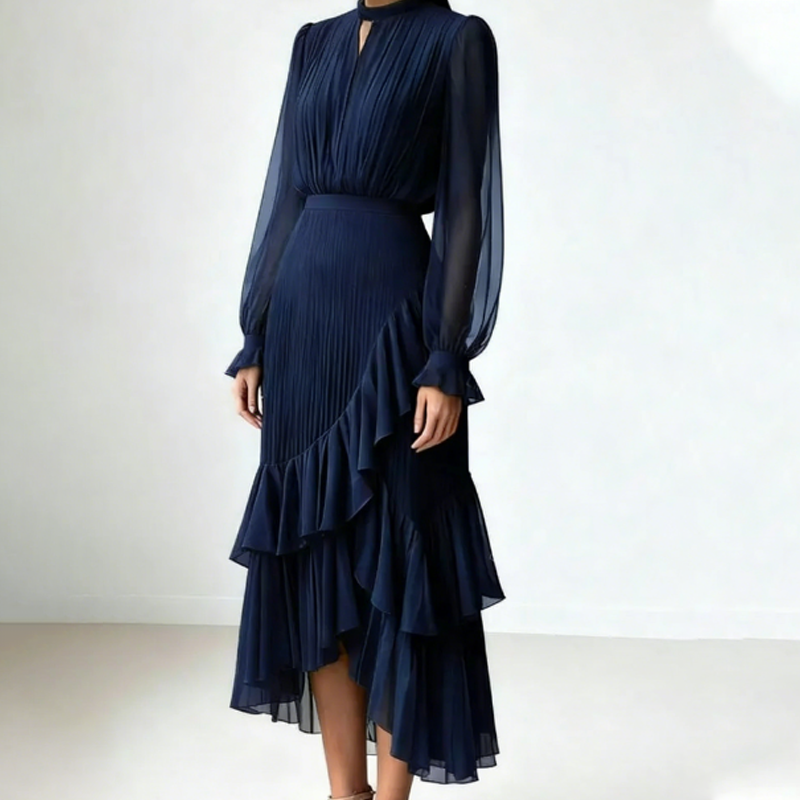 Damen Plissee-Midikleid mit Volants und Schlüsselloch-Ausschnitt