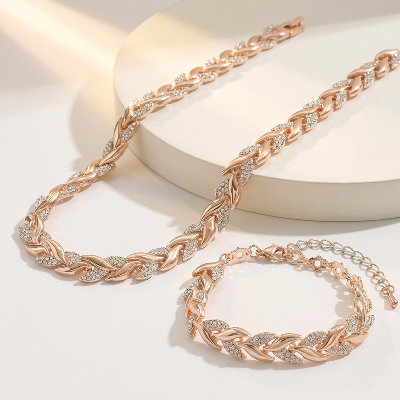 📢📢50 % RABATT! ⏰Verstellbares Halsketten- und Armband-Set im Blatt-Design mit Strasssteinen
