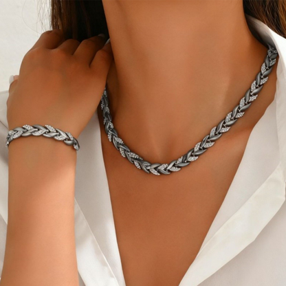 📢📢50 % RABATT! ⏰Verstellbares Halsketten- und Armband-Set im Blatt-Design mit Strasssteinen