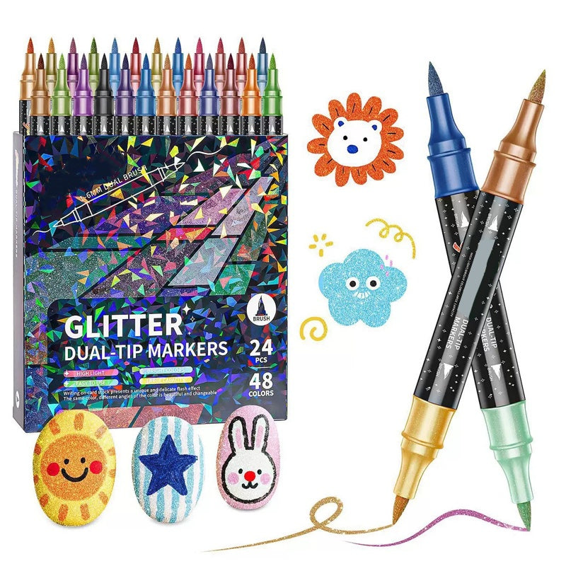 🎨✨ 24-Farben Dual-Tip Glitzer-Marker Set – Glitter & Fine Tip, Lebendige Farben & Perfekt Für Kunst, Basteln & Handlettering 🖌️