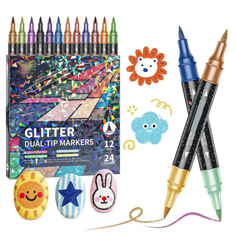 🎨✨ 24-Farben Dual-Tip Glitzer-Marker Set – Glitter & Fine Tip, Lebendige Farben & Perfekt Für Kunst, Basteln & Handlettering 🖌️
