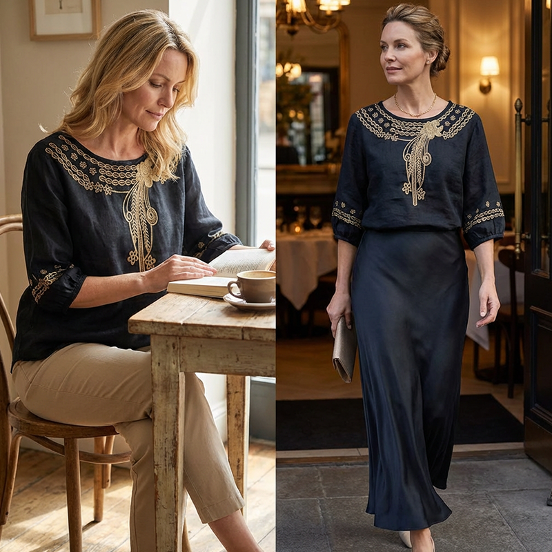 🔥👚 50% RABATT! Bestickte Bluse aus Baumwoll-Leinen-Mischung – natürliches Material, feminines Design, ideal für Alltag & Reise. 🌿💨
