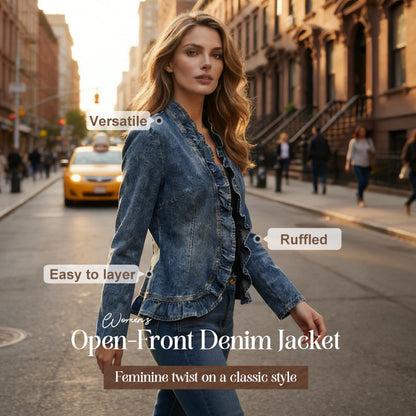 💙✨ Damen-Jeansjacke – Rüschenbesatz, Offenes Vorderteil, Leicht, Vielseitig ✨