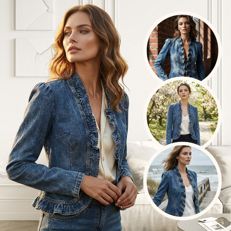 💙✨ Damen-Jeansjacke – Rüschenbesatz, Offenes Vorderteil, Leicht, Vielseitig ✨