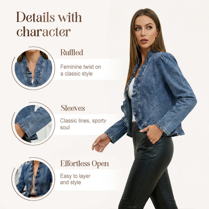 💙✨ Damen-Jeansjacke – Rüschenbesatz, Offenes Vorderteil, Leicht, Vielseitig ✨