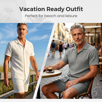 🥳2026 HOT SALE🥳 Herren-Jacquard-Hemd & Shorts-Set – Bequeme Passform für warme Tage! Atmungsaktiver Stoff, bügeln nicht erforderlich. Perfekt für Garten oder Strand. ☀️🌿