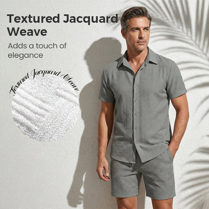 🥳2026 HOT SALE🥳 Herren-Jacquard-Hemd & Shorts-Set – Bequeme Passform für warme Tage! Atmungsaktiver Stoff, bügeln nicht erforderlich. Perfekt für Garten oder Strand. ☀️🌿