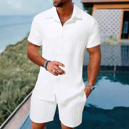 🥳2026 HOT SALE🥳 Herren-Jacquard-Hemd & Shorts-Set – Bequeme Passform für warme Tage! Atmungsaktiver Stoff, bügeln nicht erforderlich. Perfekt für Garten oder Strand. ☀️🌿