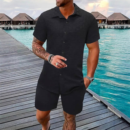 🥳2026 HOT SALE🥳 Herren-Jacquard-Hemd & Shorts-Set – Bequeme Passform für warme Tage! Atmungsaktiver Stoff, bügeln nicht erforderlich. Perfekt für Garten oder Strand. ☀️🌿