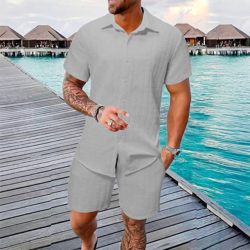 🥳2026 HOT SALE🥳 Herren-Jacquard-Hemd & Shorts-Set – Bequeme Passform für warme Tage! Atmungsaktiver Stoff, bügeln nicht erforderlich. Perfekt für Garten oder Strand. ☀️🌿