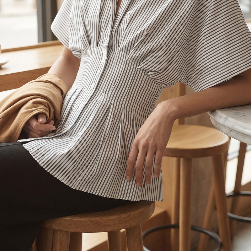 Damen Tunika: Gestreift, Smokbund & Peplum-Saum – Elegant & vielseitig