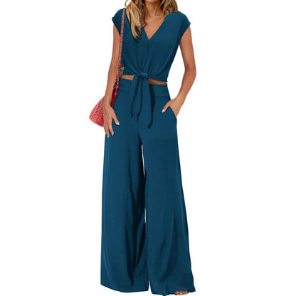 💃 Damen V-Ausschnitt Top mit Bindegürtel & Weite Hosen Set – Fließender Stoff, Elastischer Bund & Stylischer Look 🩳