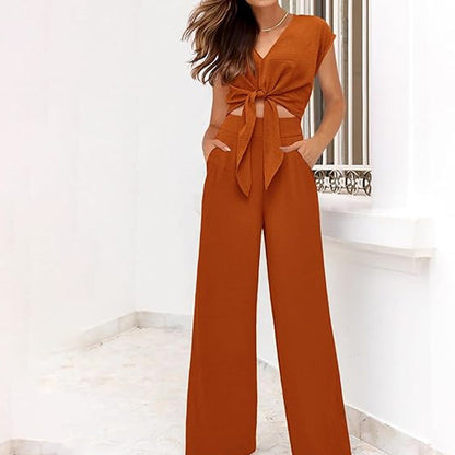 💃 Damen V-Ausschnitt Top mit Bindegürtel & Weite Hosen Set – Fließender Stoff, Elastischer Bund & Stylischer Look 🩳