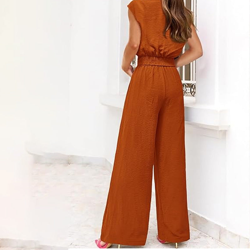 💃 Damen V-Ausschnitt Top mit Bindegürtel & Weite Hosen Set – Fließender Stoff, Elastischer Bund & Stylischer Look 🩳