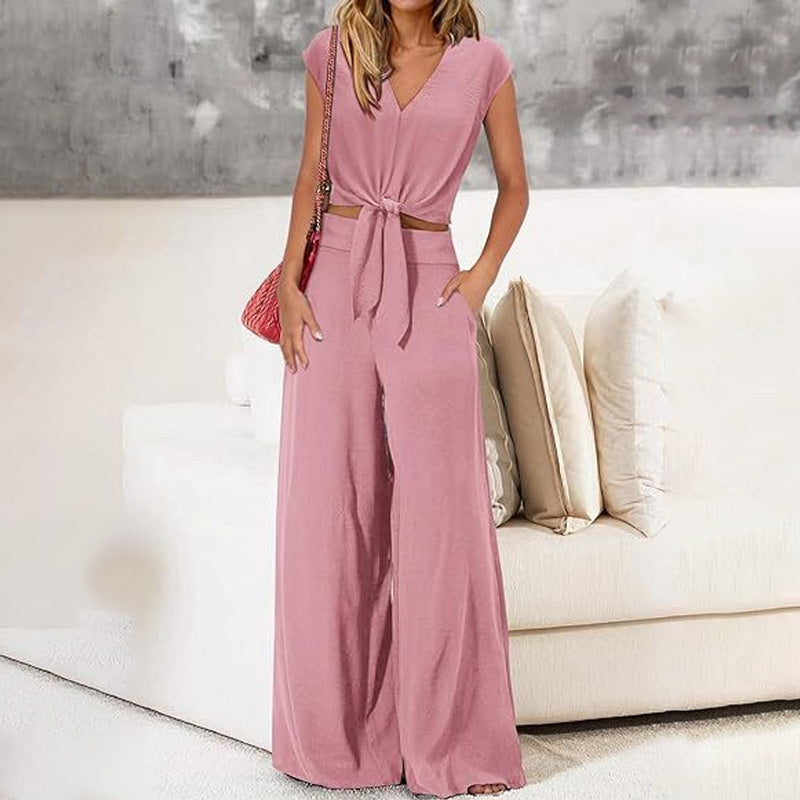 💃 Damen V-Ausschnitt Top mit Bindegürtel & Weite Hosen Set – Fließender Stoff, Elastischer Bund & Stylischer Look 🩳