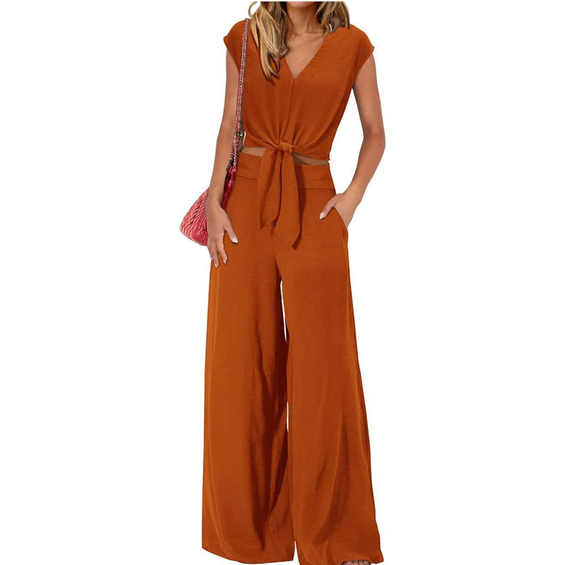 💃 Damen V-Ausschnitt Top mit Bindegürtel & Weite Hosen Set – Fließender Stoff, Elastischer Bund & Stylischer Look 🩳