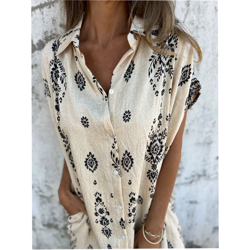 Lockeres, bedrucktes Kurzarmkleid mit Taschen