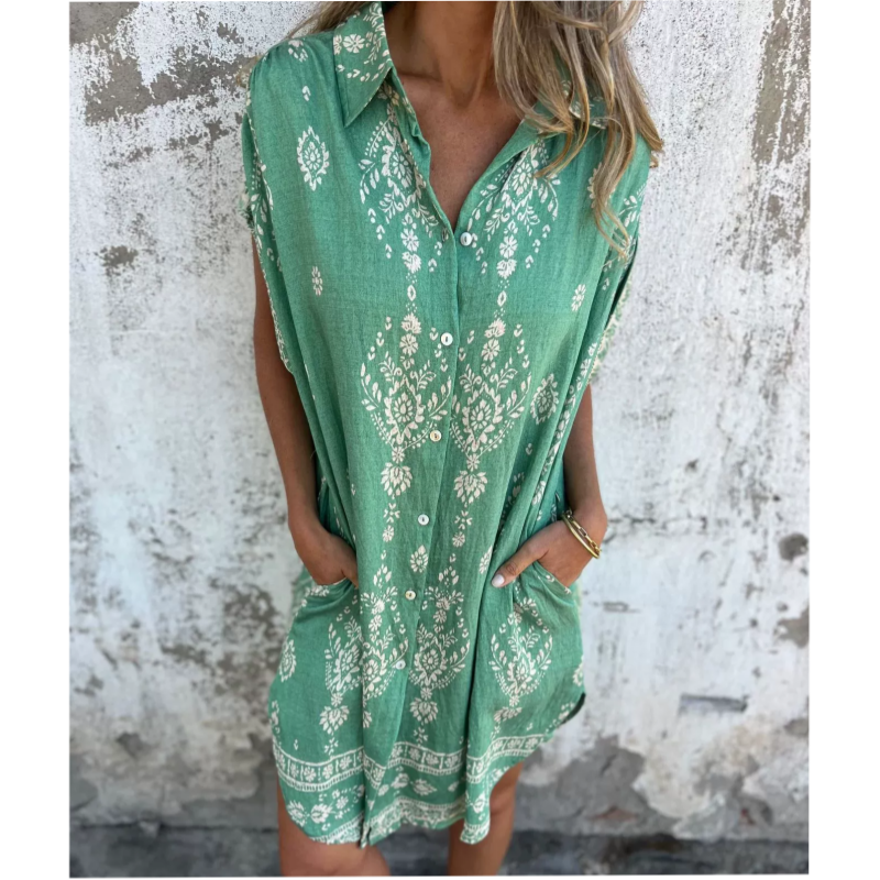 Lockeres, bedrucktes Kurzarmkleid mit Taschen