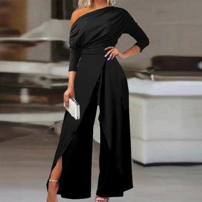 👗 Elegante Ein-Schulter-Jumpsuit für Damen – Weite Beine, Wickelrock-Design & Atmungsaktiv – Für Cocktailpartys & Hochzeiten