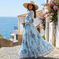 🌞Frühlingserwachen: 50% Rabatt!✨ Elegantes Hellblau Floral Maxikleid – V-Ausschnitt, Plissee & Hohe Taille für Fest & Urlaub