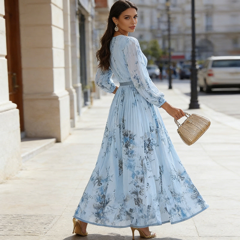 🌞Frühlingserwachen: 50% Rabatt!✨ Elegantes Hellblau Floral Maxikleid – V-Ausschnitt, Plissee & Hohe Taille für Fest & Urlaub