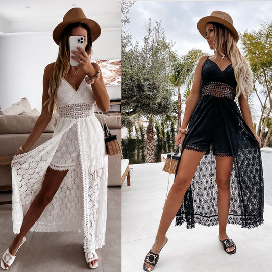 ✨Damen Boho Spitze Jumpsuit – Mit Sicherer Unterrock & Atmungsaktiver Baumwolle, Perfekter Sitz für Sommer
