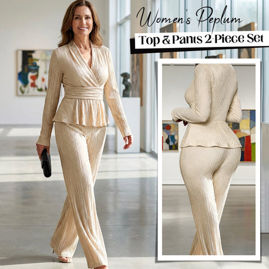 💎 60% RABATT! 💎 2-teiliges Peplum-Set für Damen – Crossover-V-Ausschnitt, Wickel-Taille & Strukturierter Stoff (Schwarz, Apricot, Braun | S–XL) 👗✨
