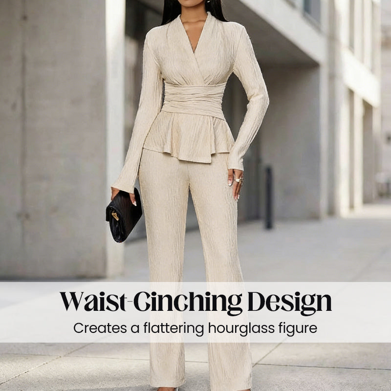 💎 60% RABATT! 💎 2-teiliges Peplum-Set für Damen – Crossover-V-Ausschnitt, Wickel-Taille & Strukturierter Stoff (Schwarz, Apricot, Braun | S–XL) 👗✨