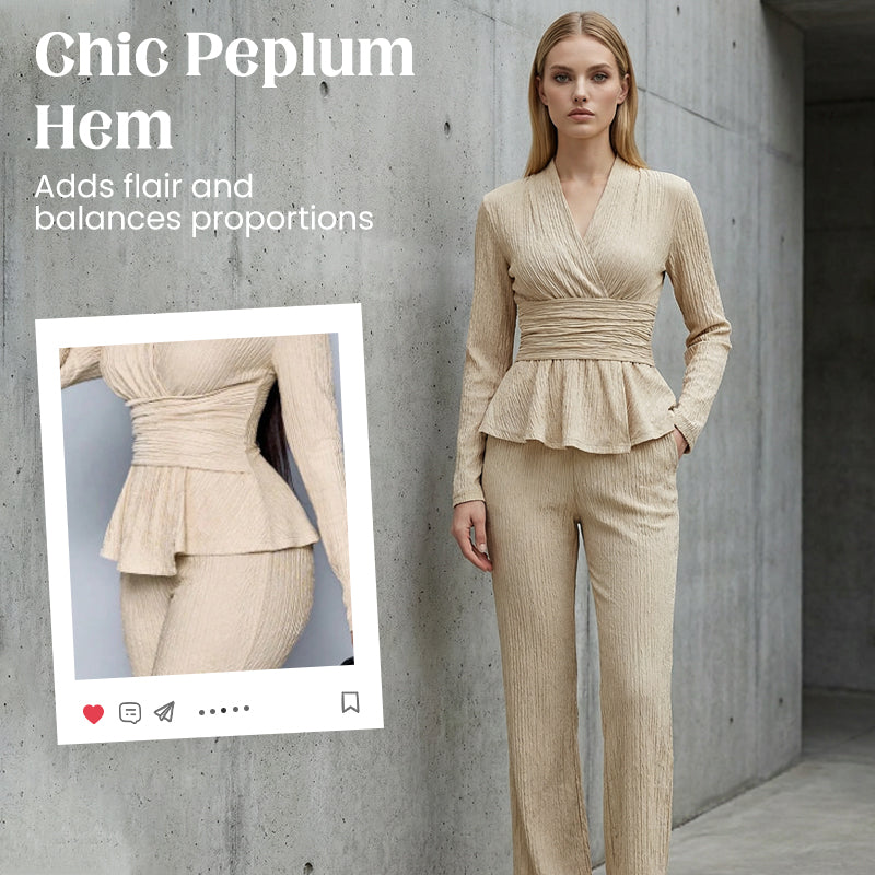 💎 60% RABATT! 💎 2-teiliges Peplum-Set für Damen – Crossover-V-Ausschnitt, Wickel-Taille & Strukturierter Stoff (Schwarz, Apricot, Braun | S–XL) 👗✨