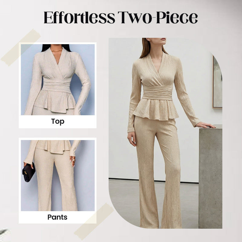 💎 60% RABATT! 💎 2-teiliges Peplum-Set für Damen – Crossover-V-Ausschnitt, Wickel-Taille & Strukturierter Stoff (Schwarz, Apricot, Braun | S–XL) 👗✨