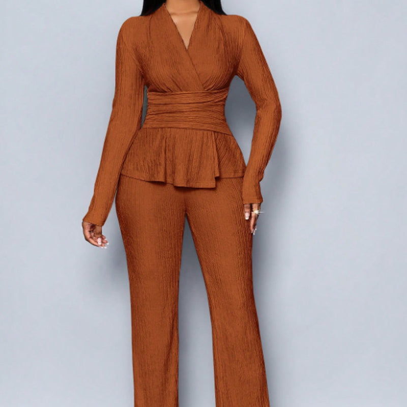 💎 60% RABATT! 💎 2-teiliges Peplum-Set für Damen – Crossover-V-Ausschnitt, Wickel-Taille & Strukturierter Stoff (Schwarz, Apricot, Braun | S–XL) 👗✨