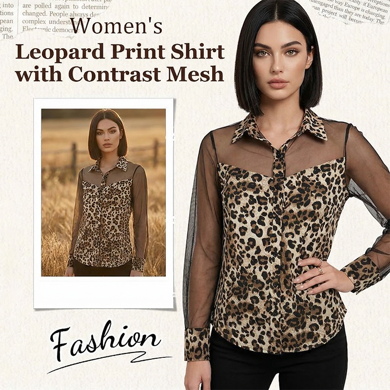 Damenbluse mit Leopardenmuster & Kontrast-Mesh – Langarm, Figurbetont & Perfekt für Büro bis Abendoutfit