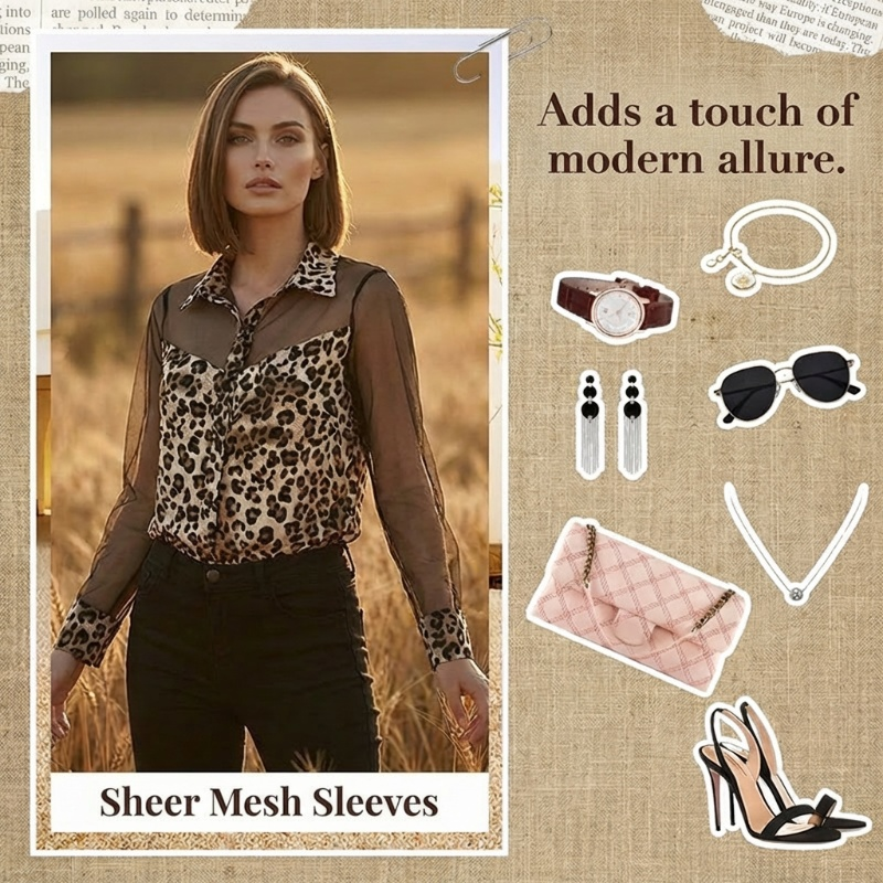Damenbluse mit Leopardenmuster & Kontrast-Mesh – Langarm, Figurbetont & Perfekt für Büro bis Abendoutfit